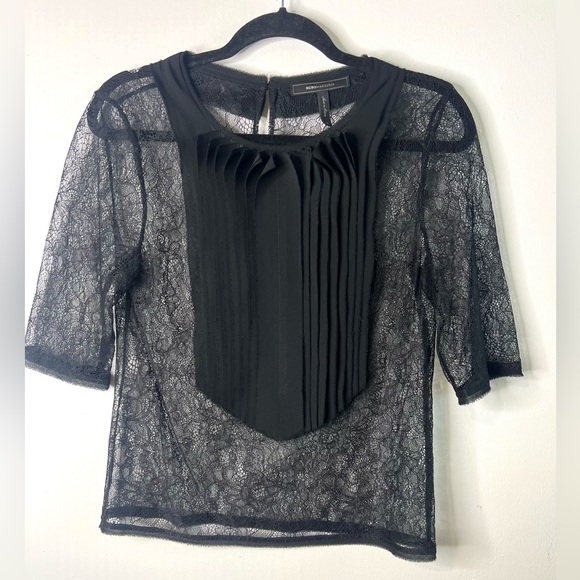 BCBGMaxAzria Tops - BCBG MaxAzria Sheer Lace Top Short Sleeves Pleated Detail Ethereal SZ S EUC